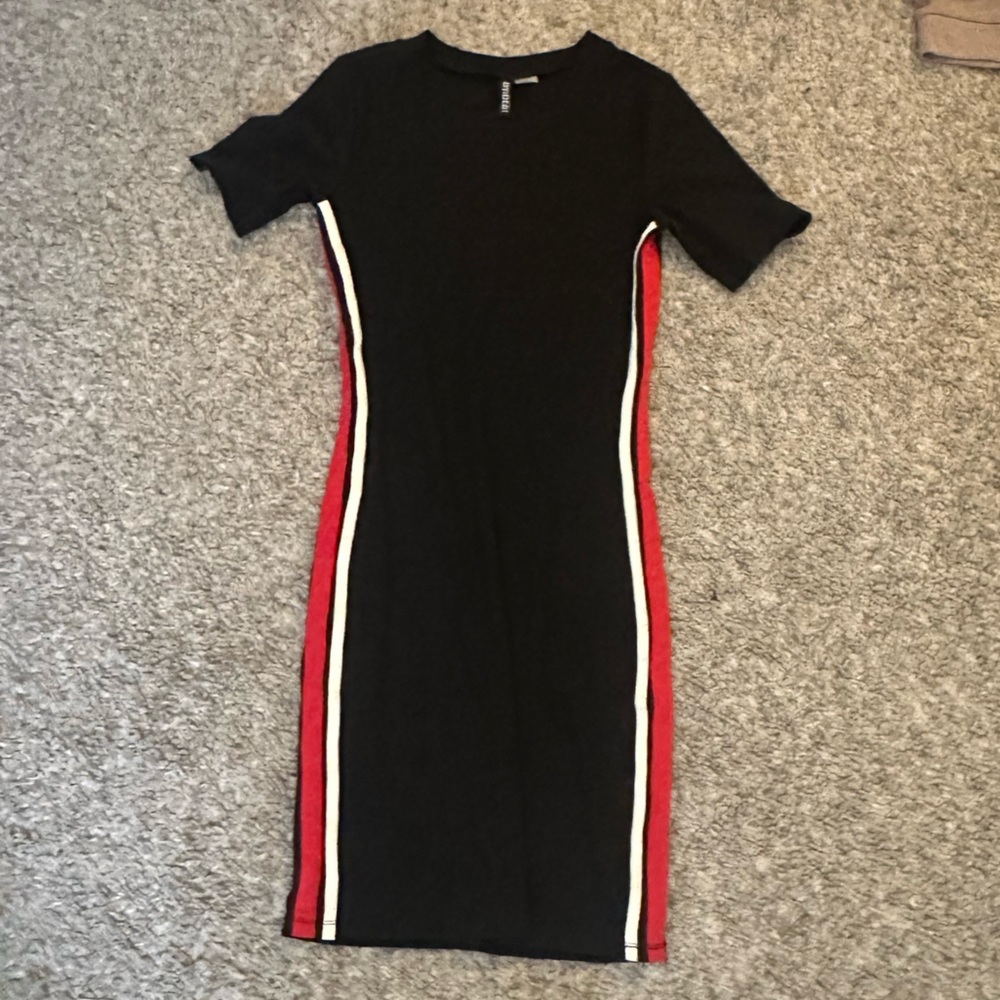 H&M bodycon black dress with red and white stripes on sides